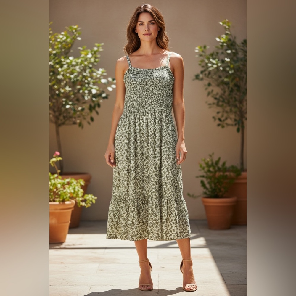 GAP Olive Green Floral Smocked Midi Dress